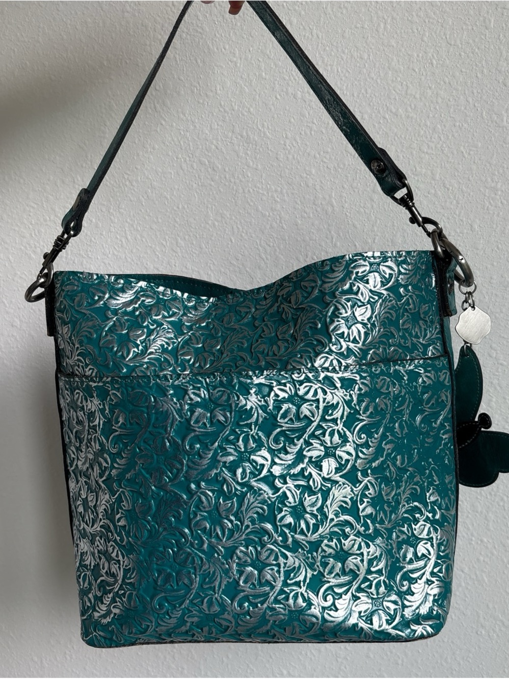 Patricia Nash Leather Teal Metallic Harper Shoulder Tote with Butterfly Charm